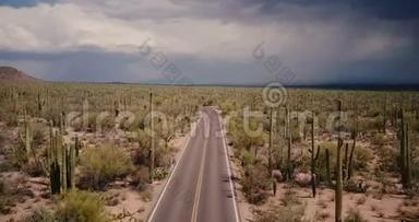 <strong>无</strong>人机飞在美丽的空沙漠道路上，在大萨<strong>瓜</strong>罗仙人掌领域，亚利桑那州国家公园暴风<strong>雨</strong>沙漠美国。